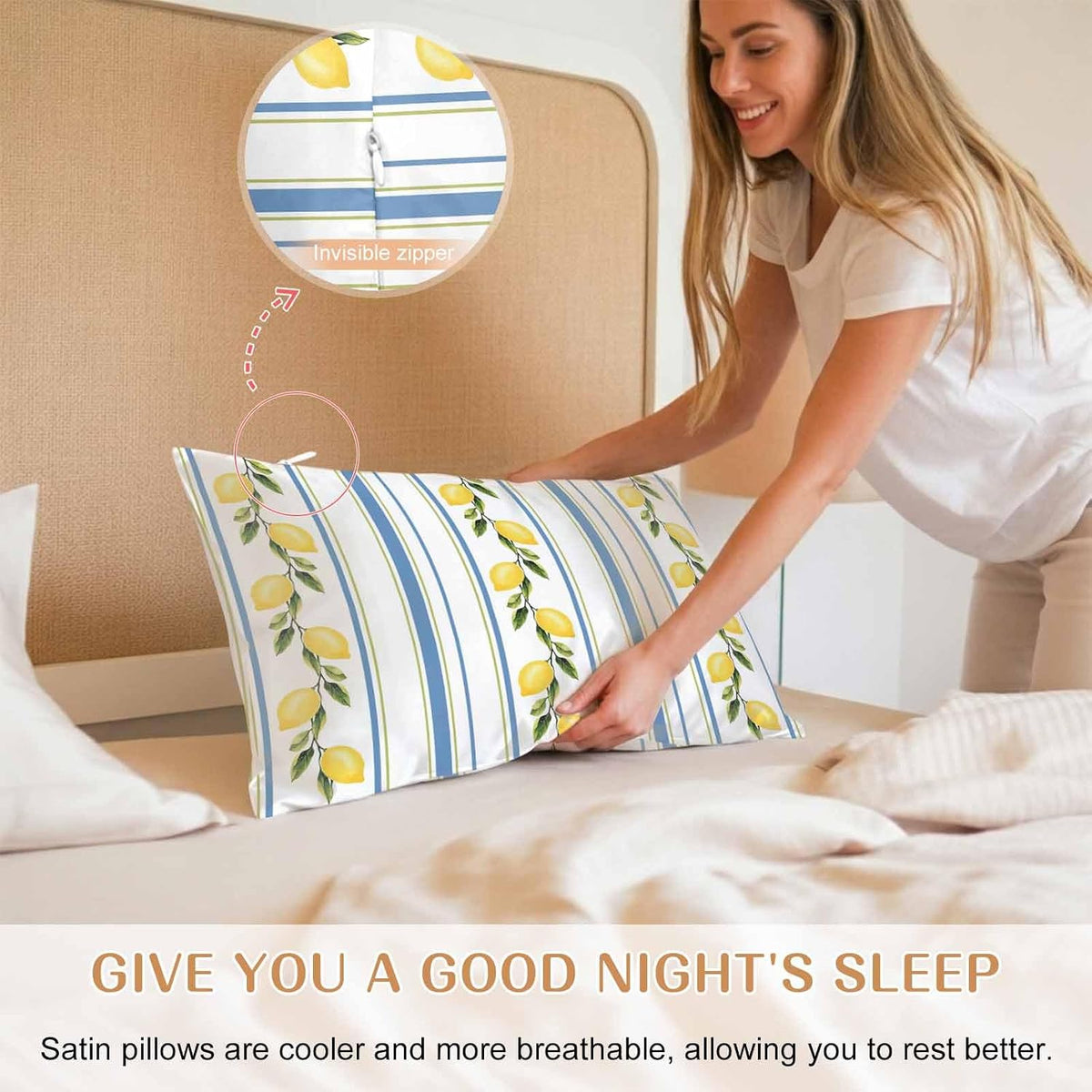 Lemon Striped Standard Pillowcase Set of 2, Yellow Fruit Blue White Satin Pillow Case Cover with Smooth Hidden Zipper Closure, Soft Throw Pillow Covers Cases for Home Decoration 20 X 26 Inches