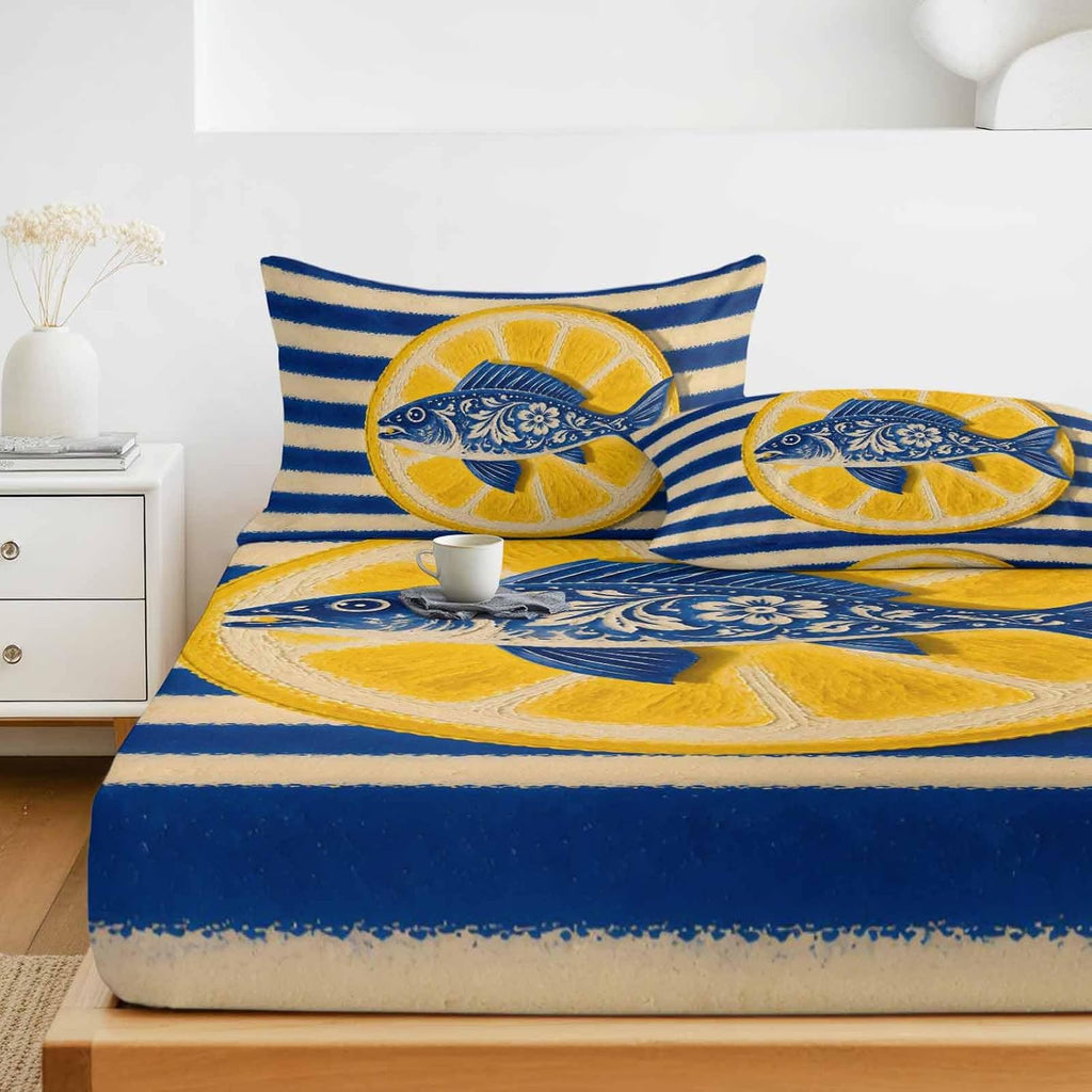 Fitted Sheets Elastic Deep Pocket Bed Sheet Twin XL Blue Fish Yellow Lemon Soft Brushed Microfiber Bed Sheets Set, Blue White Striped Mattress Cover Up Fitted Sheet Pillowcase for Bedroom