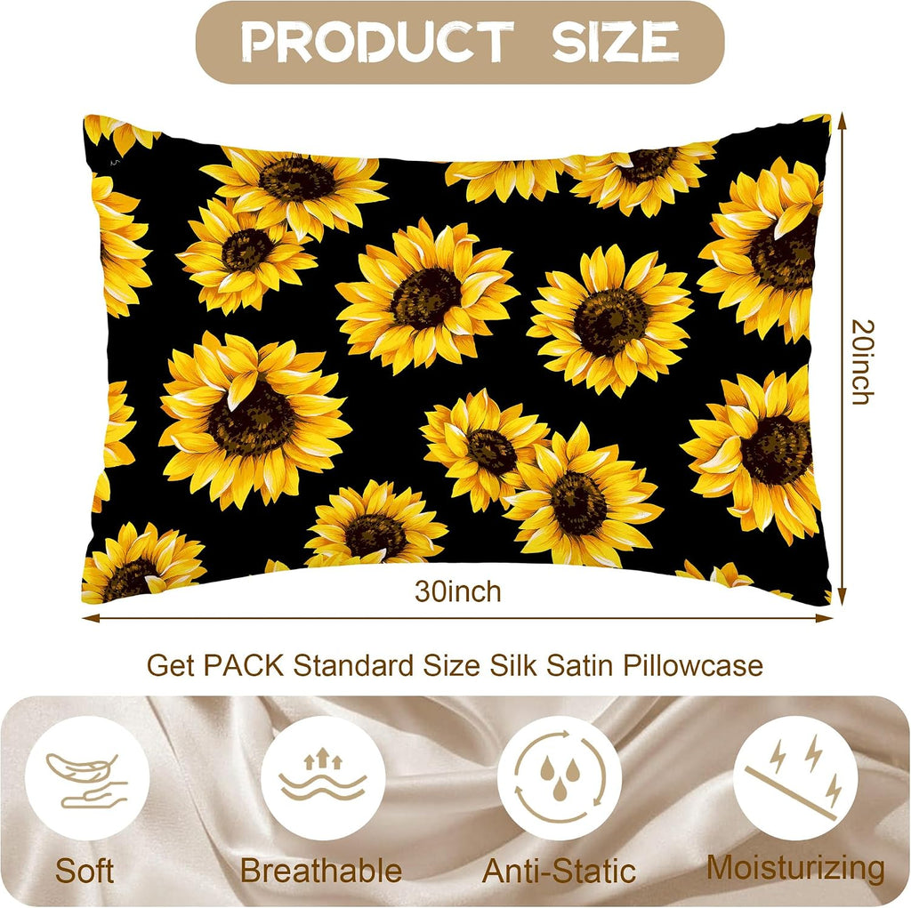 Satin Pillowcase for Hair and Skin,Abstract Yellow Sunflowers Silk Pillowcase with Hidden Zipper Soft Breathable Smooth Cooling Pillow Cover 1 Pack Queen Size for Bedroom Sofa 20”x30”
