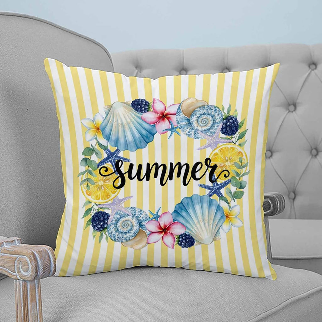 Summer 2PCS Throw Pillow Covers for Couch Sofa Bed, Lemons Starfish Flower Stripes Yellow Pillow Covers 16x16 inch, Standard Pillowcases Set Decorative Cushion Covers for Living Room Bedroom