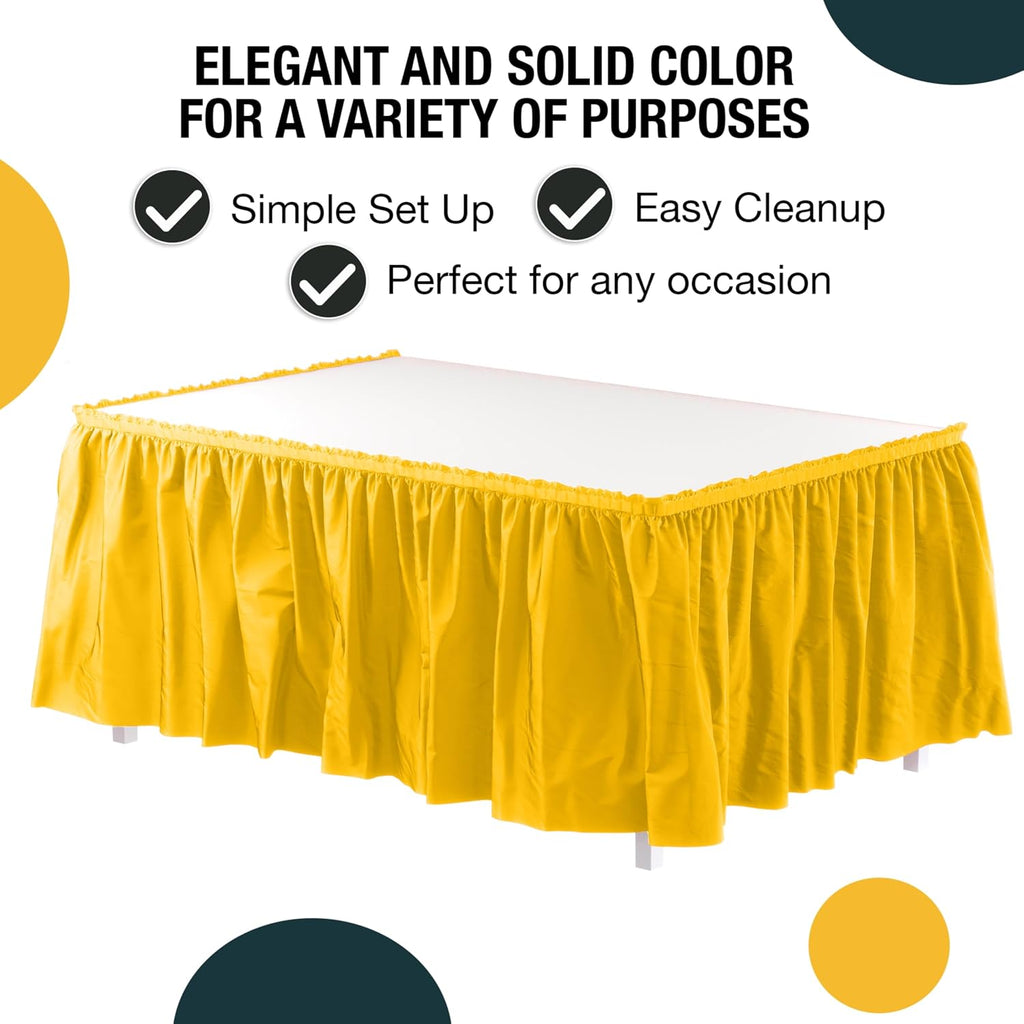 Yellow Table Skirt 6 Pack - Disposable Plastic Table Skirts for Rectangle Tables 6ft 8ft & Round Tables - 29in x 14ft Self-Adhesive Strip - Birthday Wedding Gender Reveal Decor
