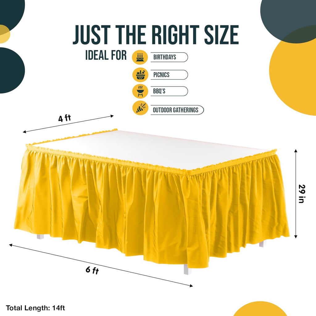 Yellow Table Skirt 6 Pack - Disposable Plastic Table Skirts for Rectangle Tables 6ft 8ft & Round Tables - 29in x 14ft Self-Adhesive Strip - Birthday Wedding Gender Reveal Decor