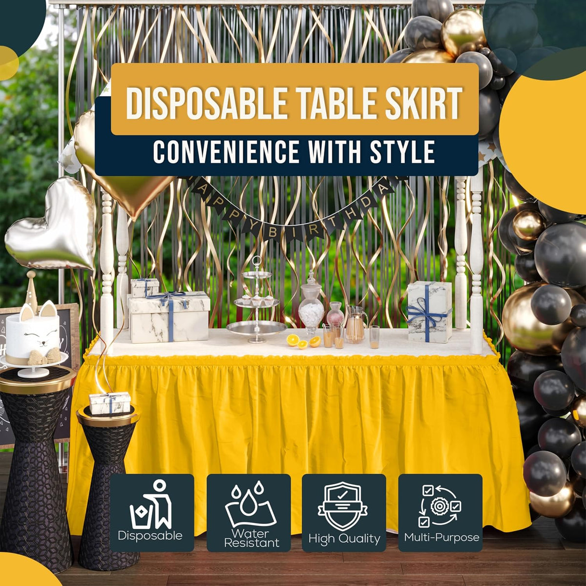Yellow Table Skirt 6 Pack - Disposable Plastic Table Skirts for Rectangle Tables 6ft 8ft & Round Tables - 29in x 14ft Self-Adhesive Strip - Birthday Wedding Gender Reveal Decor