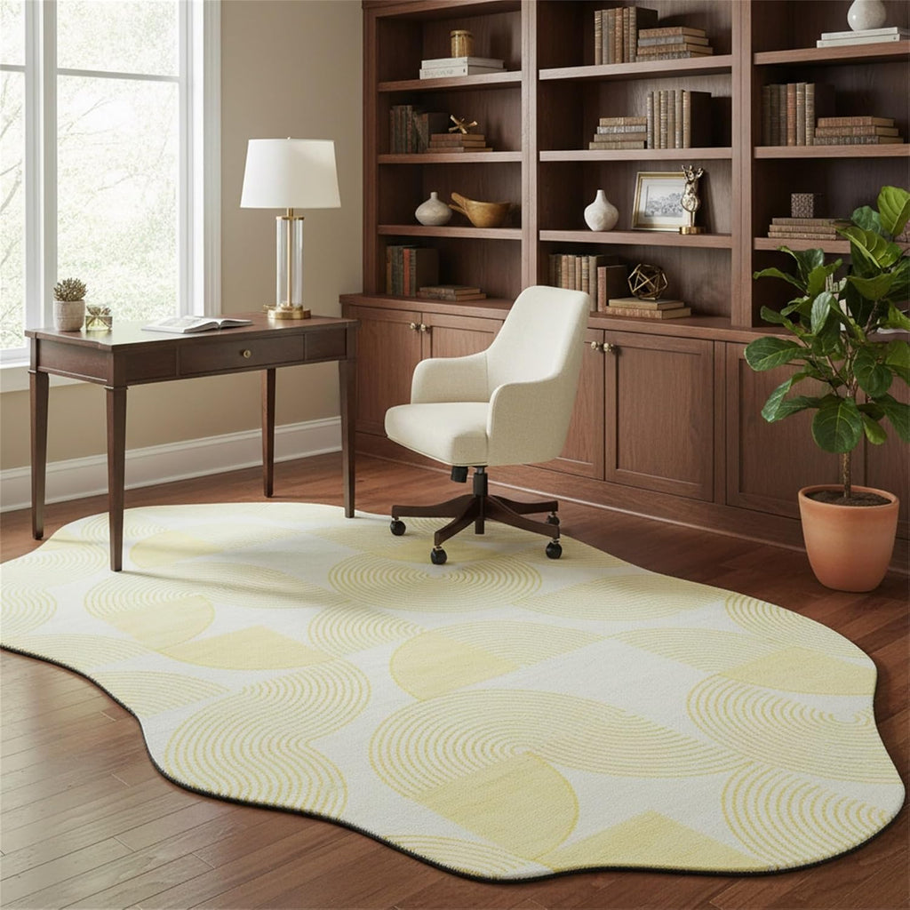 Modern Abstract Irregular Shaped Rug 2x3 Minimalist Geometric Striped Carpet for Livingroom Bedroom Diningroom Light Yellow Cream Indoor Large Rugs Soft Non Slip Thin Low Pile Home Office Floor Mat