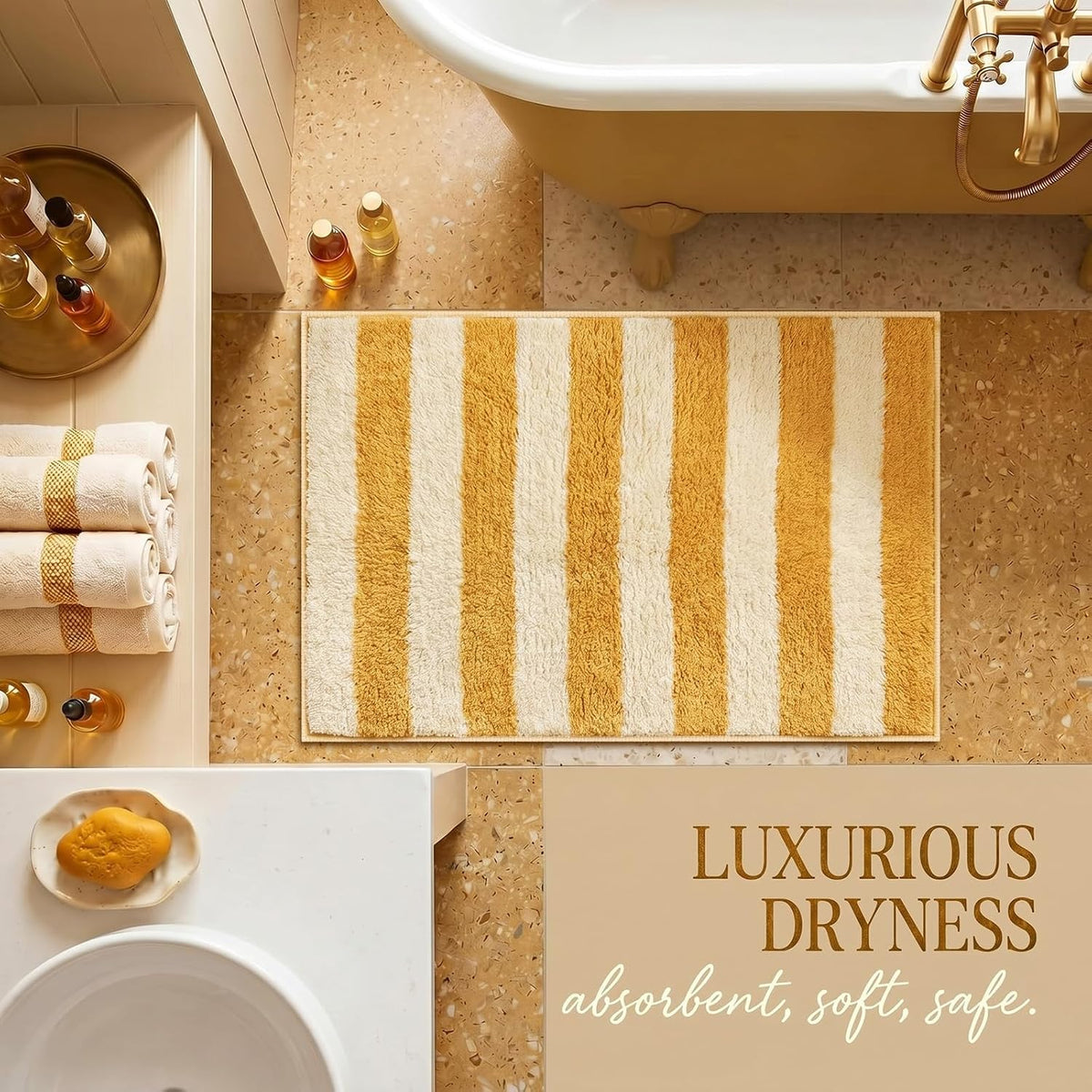Yellow and White Striped Bathroom Rug, 24"x16" Absorbent Bath Mat