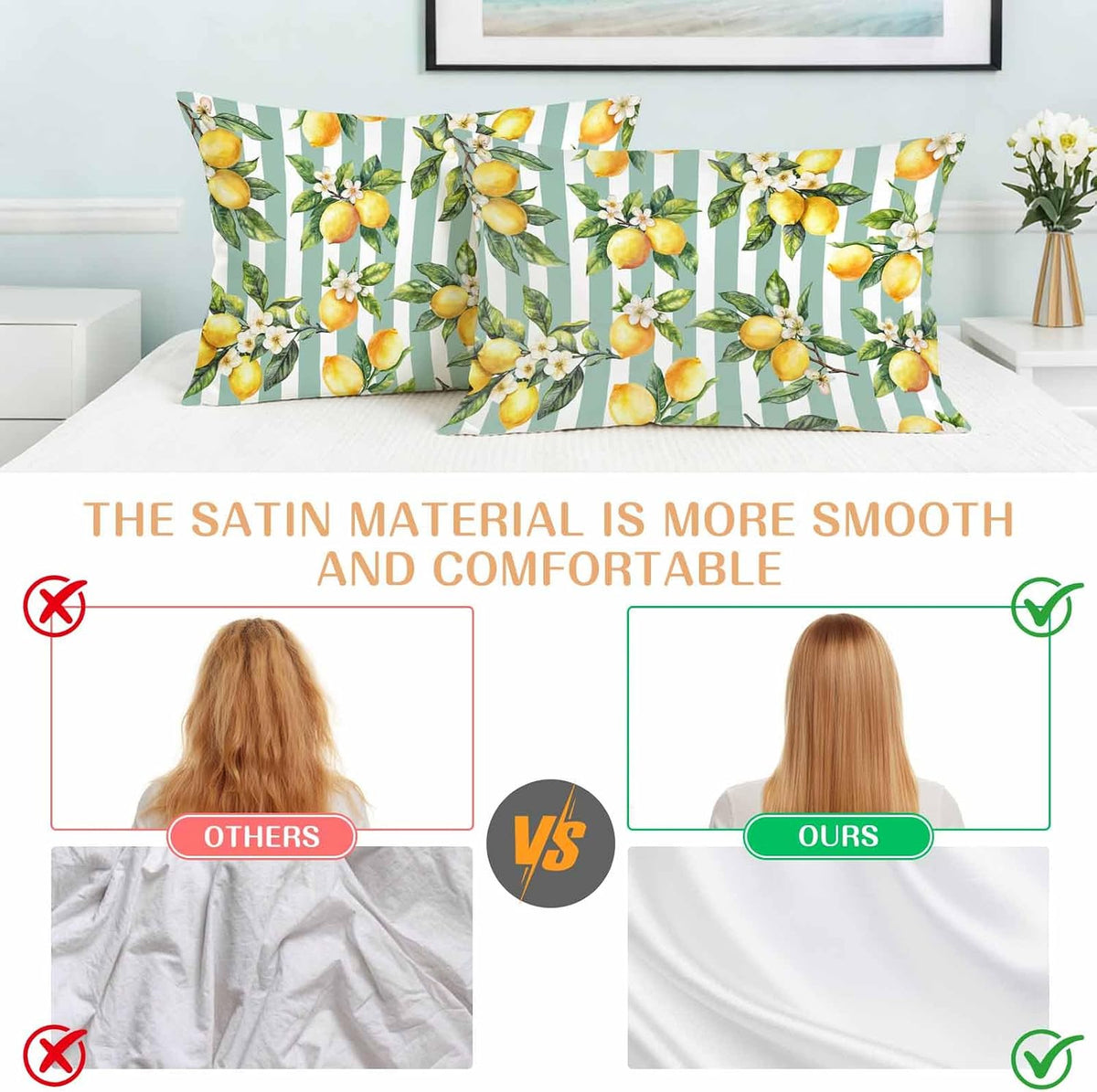 Yellow Lemon Pillow Cases Standard Size Set of 2, Spring Botanical Floral Leaves Aqua Stripes Satin Pillowcase with Zipper for Hair/Skin, Decorative Pillow Covers for Bed/Couch/Sofa, 20x26 Inches
