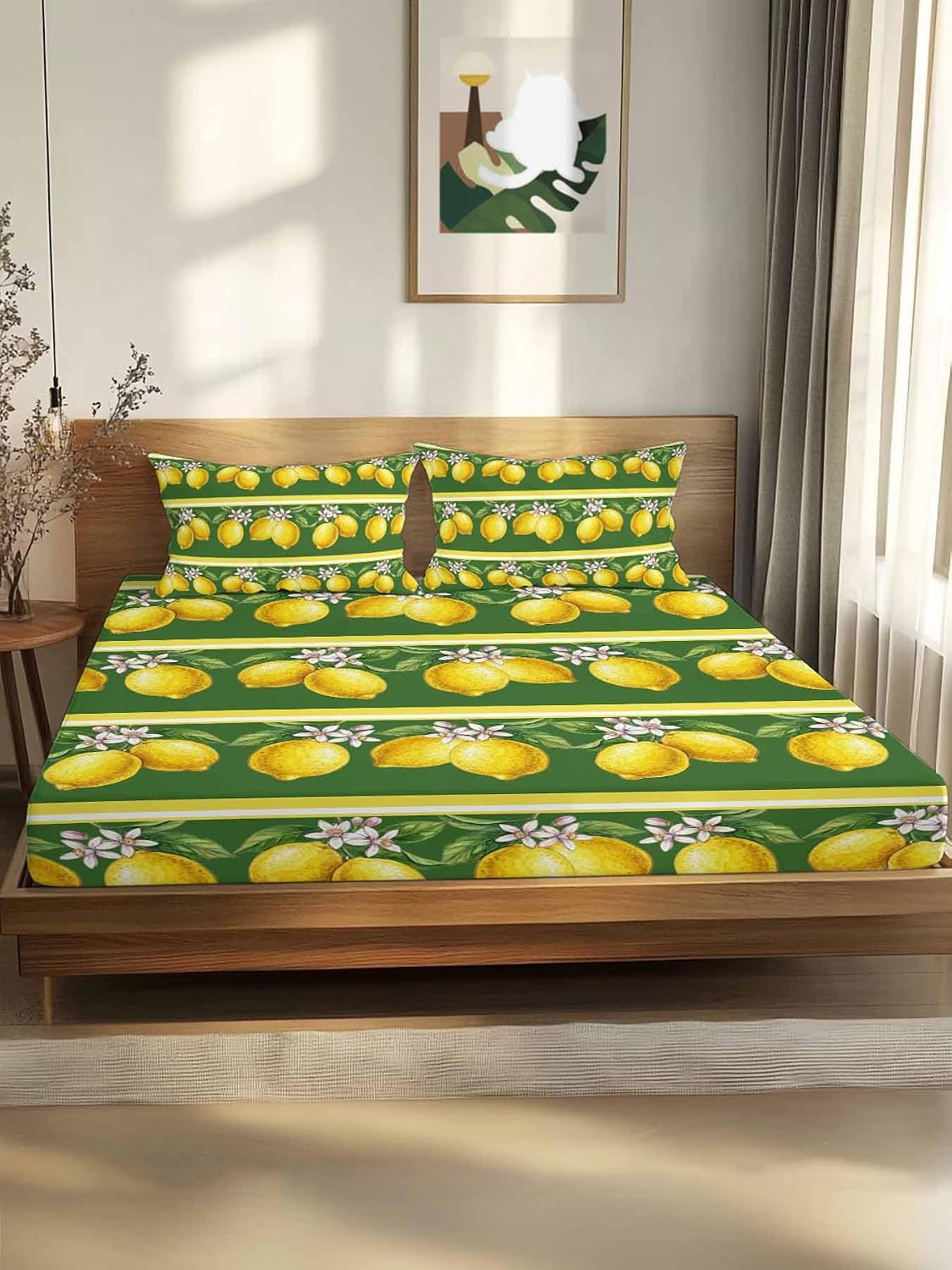 Twin XL Size Fitted Sheet Set - Lemon Summer 2 Piece Bedding Sets 16" Deep Pocket Fitted Sheet with 1 Pillowcases, Watercolor Fruits Green Yellow Stripes Brushed Microfiber Hotel Luxury Bed Sheets