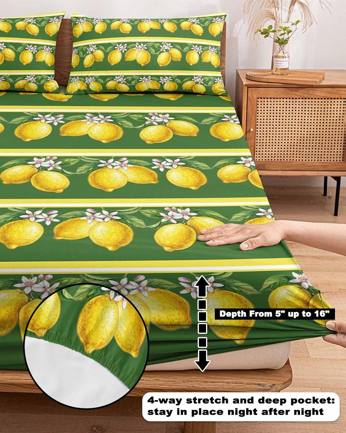 Twin XL Size Fitted Sheet Set - Lemon Summer 2 Piece Bedding Sets 16" Deep Pocket Fitted Sheet with 1 Pillowcases, Watercolor Fruits Green Yellow Stripes Brushed Microfiber Hotel Luxury Bed Sheets