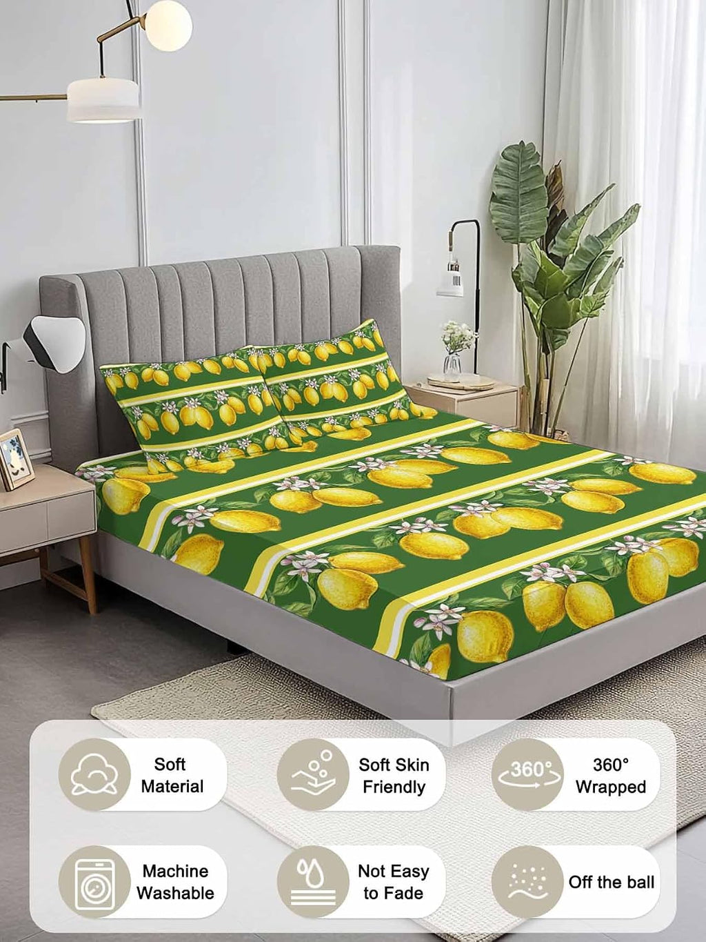 Twin XL Size Fitted Sheet Set - Lemon Summer 2 Piece Bedding Sets 16" Deep Pocket Fitted Sheet with 1 Pillowcases, Watercolor Fruits Green Yellow Stripes Brushed Microfiber Hotel Luxury Bed Sheets