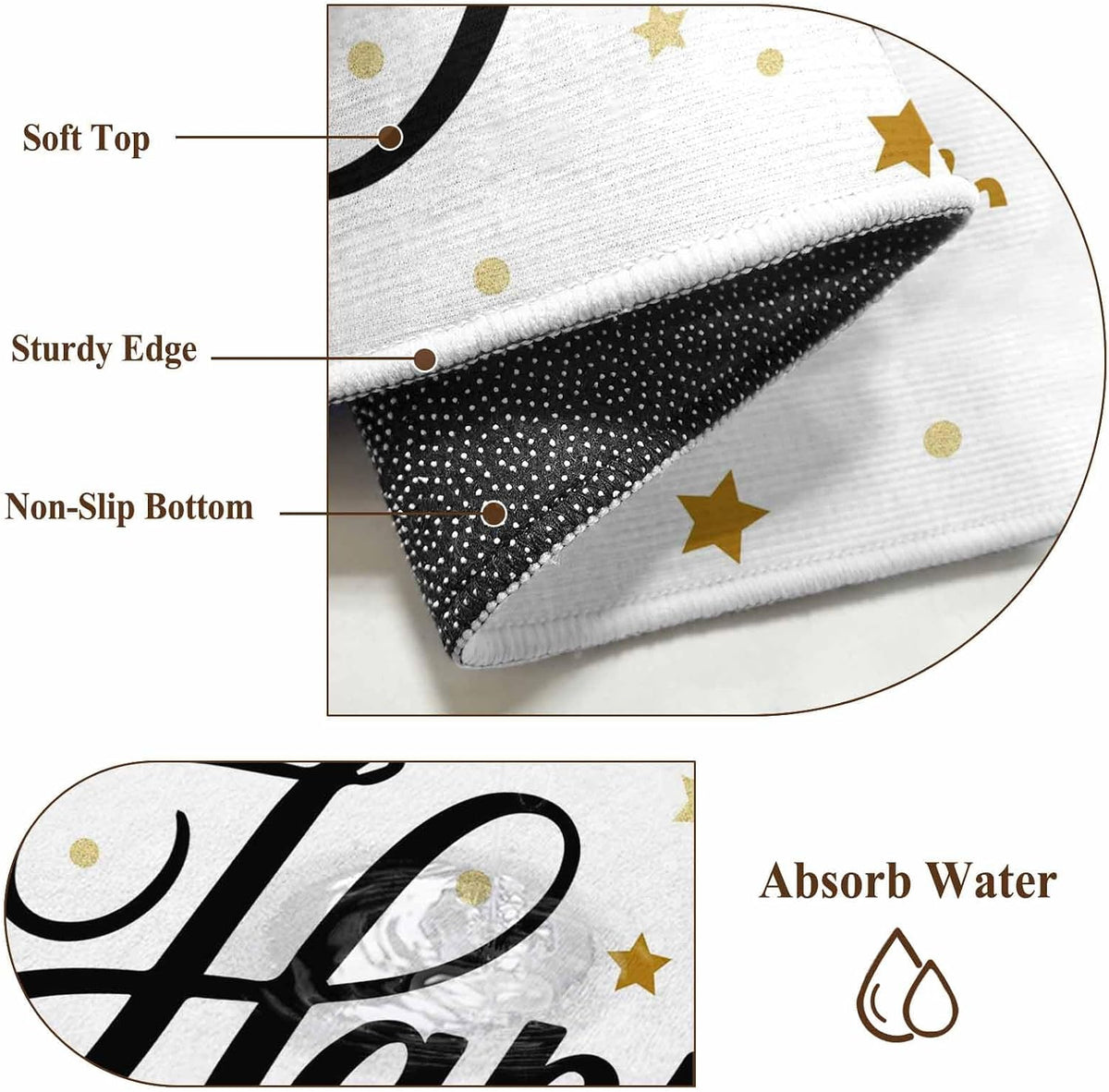 Happy New Years Kitchen Area Rugs 2x3ft, Winter Holiday Yellow Stars Ribbons Bathroom Living Room Rugs Felt Carpet Rubber Backing Non-Slip Rug for Entryway Bedroom Rectangle