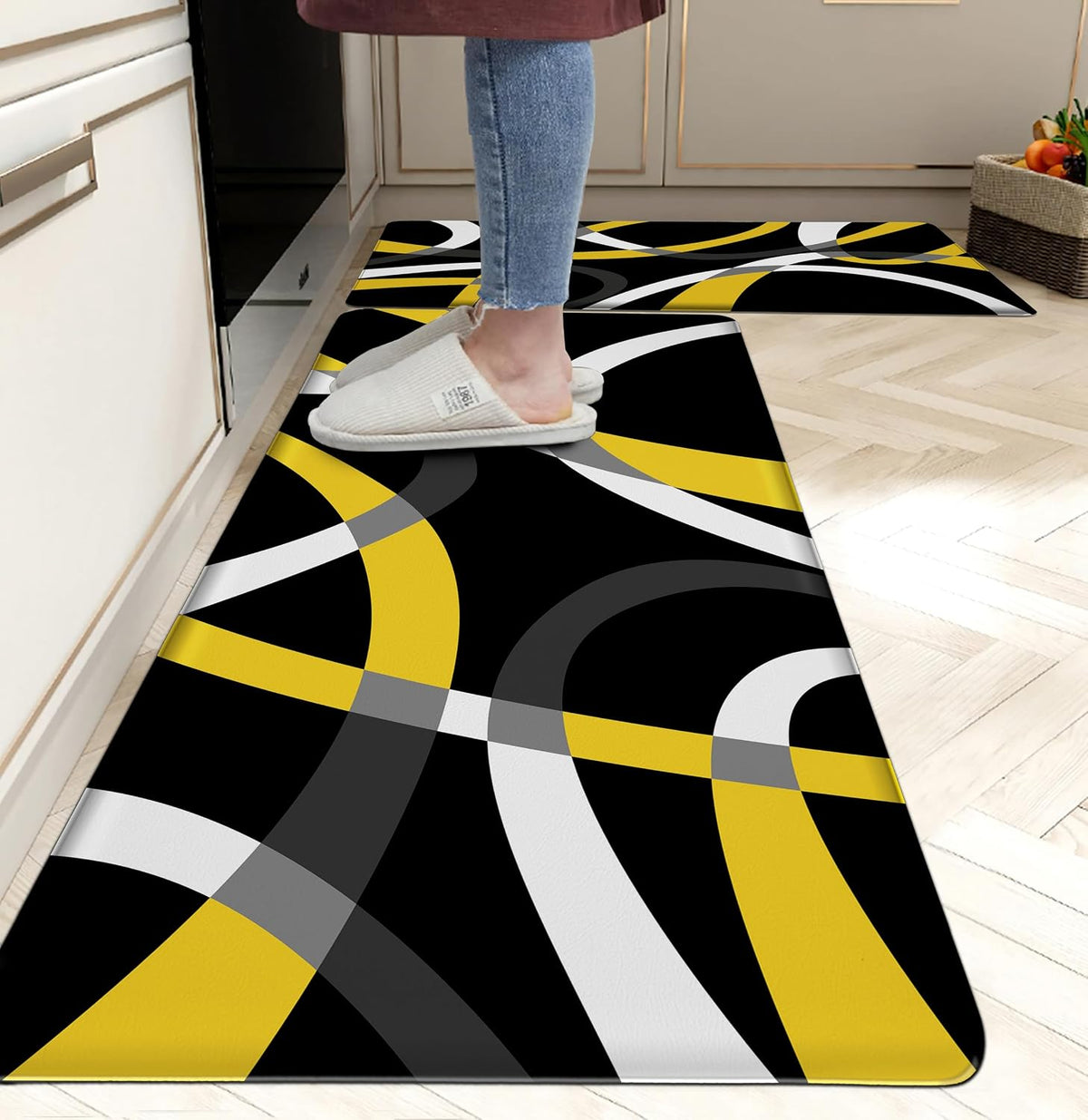 Kitchen Mats for Floor Modern Stripe kitchen rugs Black and Yellow Stripe Anti Fatigue Kitchen Mats Waterproof Floor Mats Cushioned Non-Skid Standing Mats for Kitchen, Set of 2,17.3 x 28+17.3 x 47