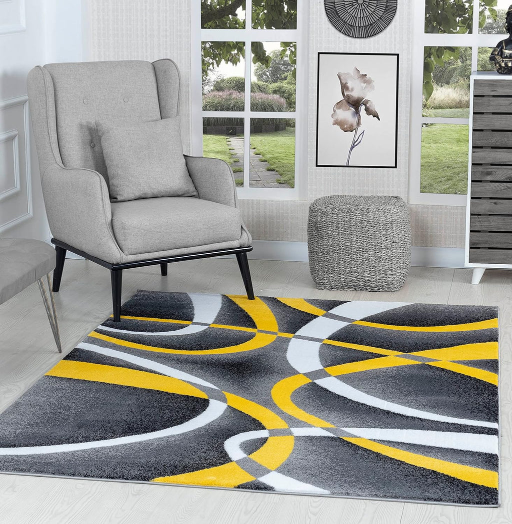 Area Rug 4x6 Yellow Door Mat Modern Swirls Carpet Bedroom Living Room Contemporary Dining Accent Sevilla Collection 4816