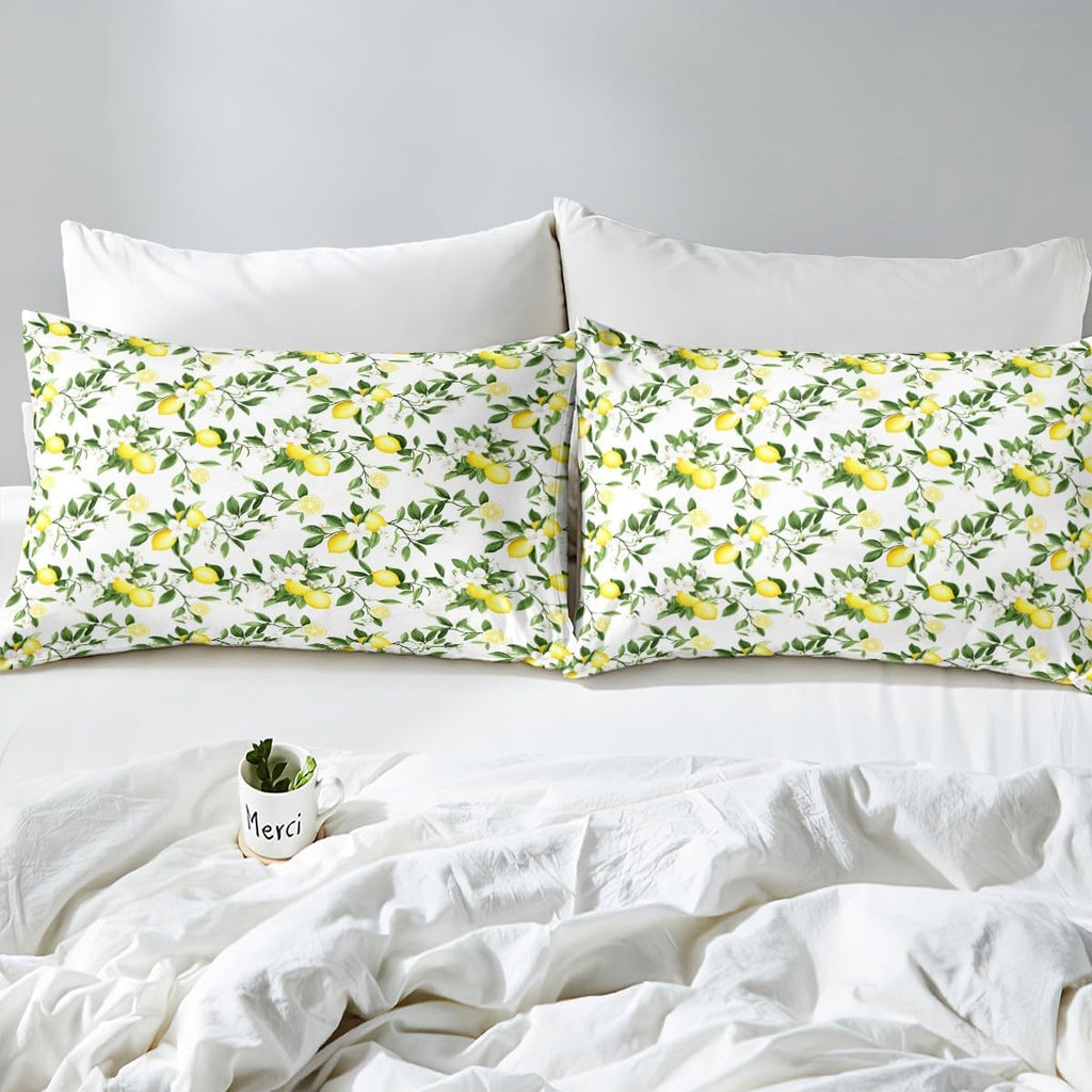 Lemon Bedding Set Twin,Flowers Summer Fruits Bottom Sheet for Kids Teens Adults Girls Room Decor,Green Leaves Plants Bed Cover Fresh Nature Yellow White 3pcs Fitted Sheet+Flat Sheet+1 Pillowcase