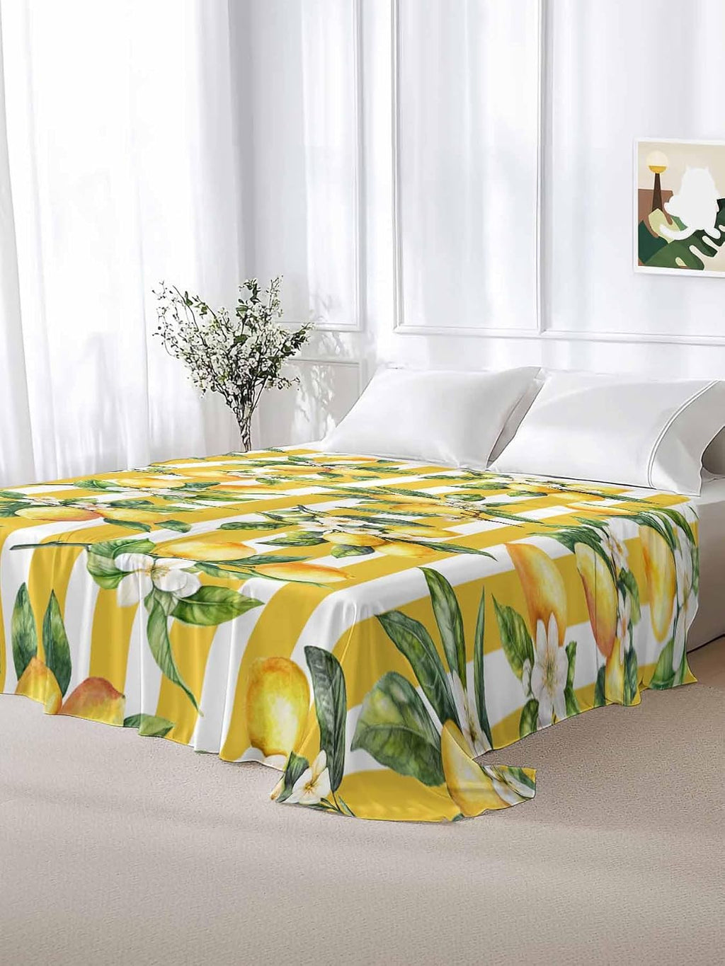Bedding Flat Sheet - Hotel Quality Twin Top Sheet - Farm Lemon Fruit Yellow Stripe Soft Breathable Microfiber Fabric Bed Top Sheet 1 Flat Sheet Only,Watercolor Flower Green Leaves