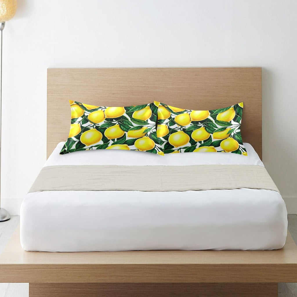 Yellow Lemons Satin Pillowcase for Hair and Skin Silk Pillowcase - Slip Cooling Satin Pillow Covers with Envelope Closure, Standard Size(20x26 inches)#394