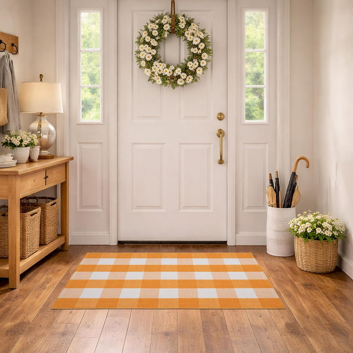 Spring Yellow and White Plaid Rug, 2'4" x 3'7" Cotton Blend Layered Doormat Rug for Front Door, Hand-Woven Washable Entryway & Porch Decor