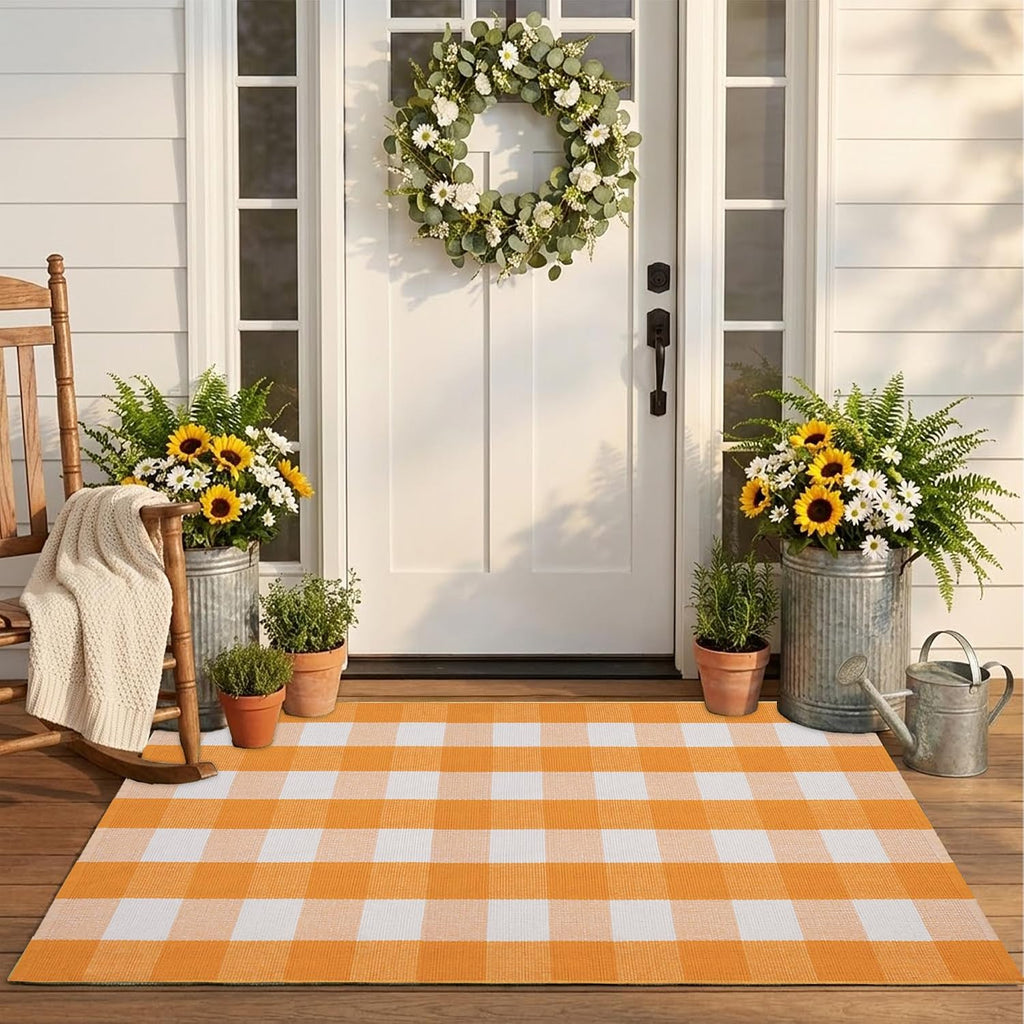 Spring Yellow and White Plaid Rug, 2'4" x 3'7" Cotton Blend Layered Doormat Rug for Front Door, Hand-Woven Washable Entryway & Porch Decor