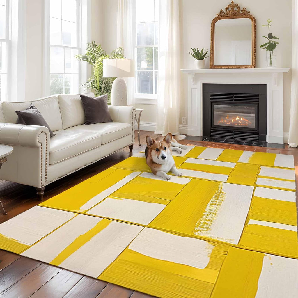 Abstract Art 5'x7' Area Rugs, Modernism Yellow Color Block Washable Area Rugs Non-Slip Indoor Floor Mats Carpet for Living Room Bedroom Dining Room