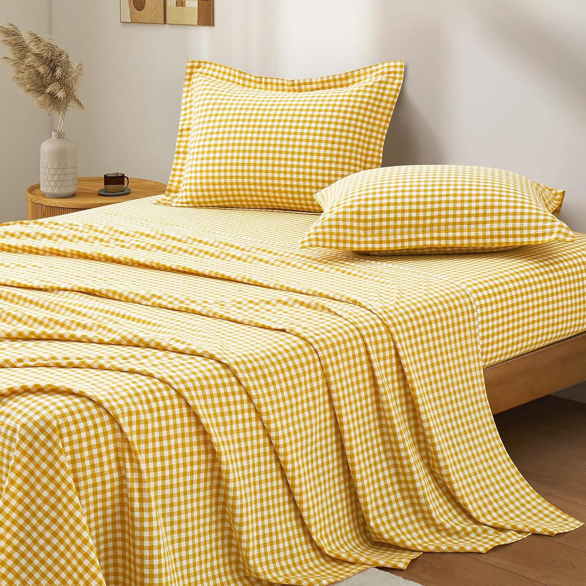 Mustard Yellow Plaid Gingham Pillowcases, 20x26 Inches, Set of 2