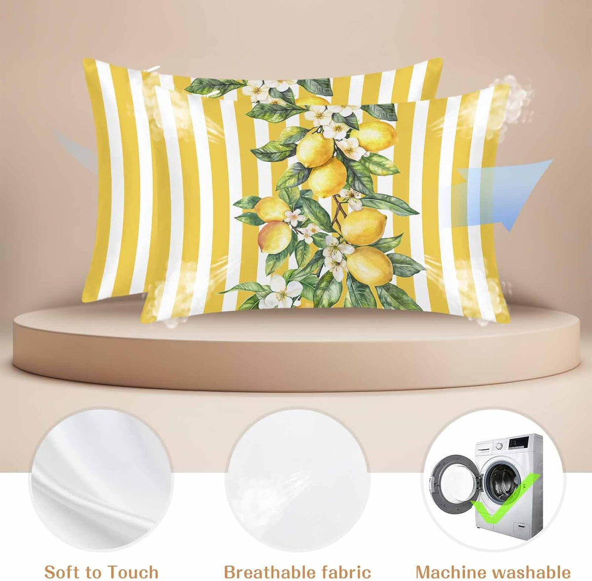 Yellow Lemon Floral Leaf King Standard Pillow Cases Set of 2, Vertical Stripe Satin Pillow Case Cover with Smooth Hidden Zipper Closure, Soft Throw Pillow Covers Cases for Home Decor 20X36 Inch