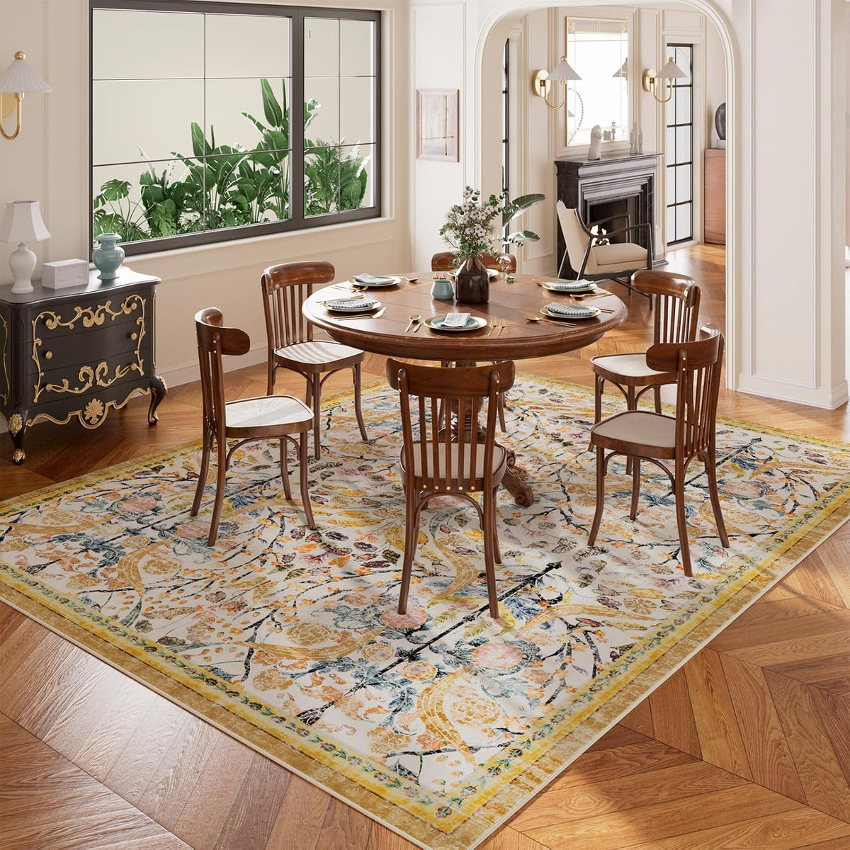 8x10 Washable Area Rugs for Living Room, Non-Slip&Non-Shedding Large Soft Boho Floral Vintage Print Carpet for Bedroom Dining Room Farmhouse Nursery Kids Room Home Office, Golden Yellow