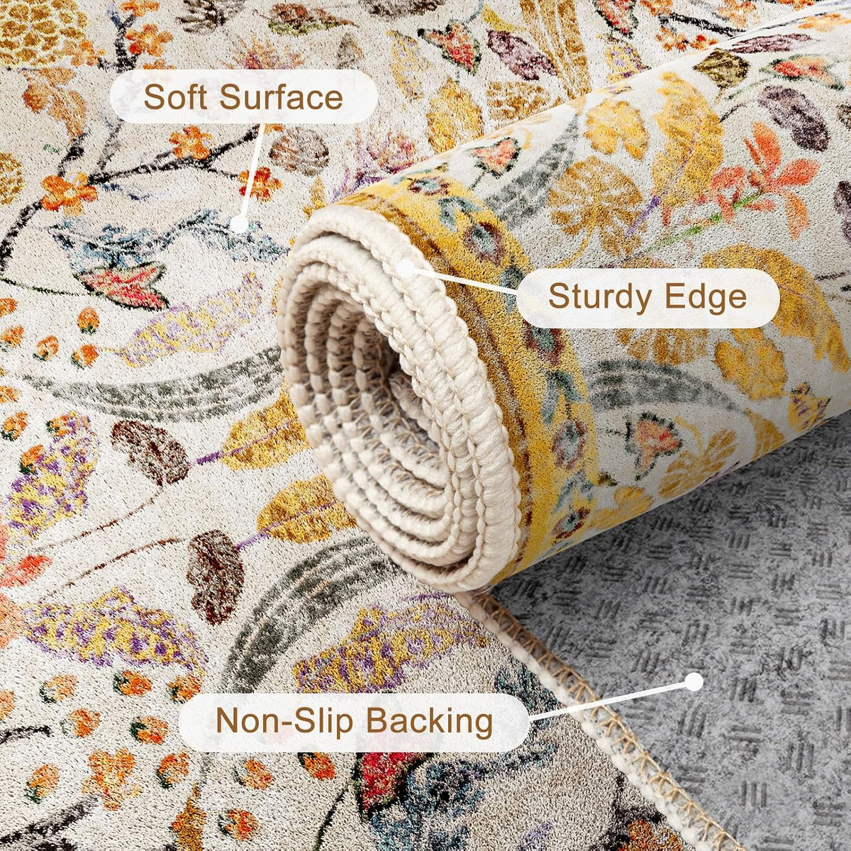 8x10 Washable Area Rugs for Living Room, Non-Slip&Non-Shedding Large Soft Boho Floral Vintage Print Carpet for Bedroom Dining Room Farmhouse Nursery Kids Room Home Office, Golden Yellow
