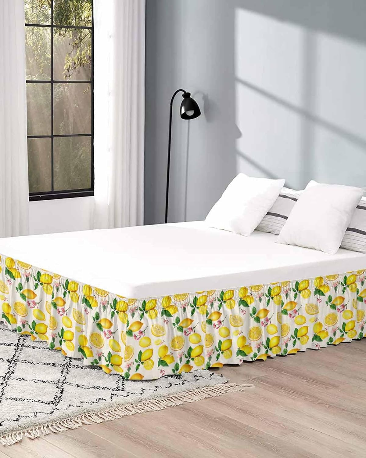 Yellow Lemons Bed Skirt Queen Size 16 Inch Drop, Adjustable Elastic Wrap Around Bed Skirts Easy Fitting Dust Ruffle Bedskirt Bed Frame Cover Farmhouse Summer Botanical Leaves Flowers