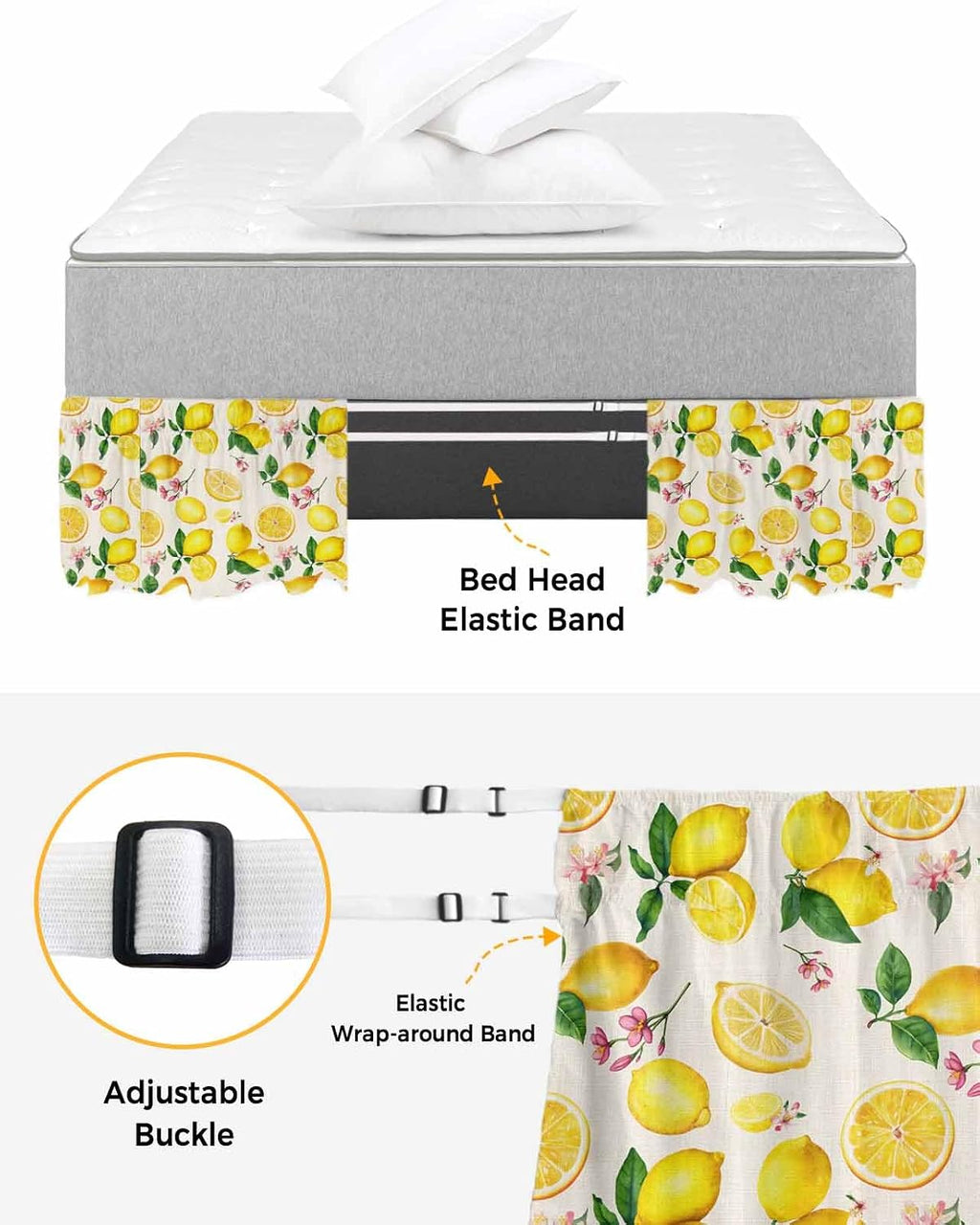 Yellow Lemons Bed Skirt Queen Size 16 Inch Drop, Adjustable Elastic Wrap Around Bed Skirts Easy Fitting Dust Ruffle Bedskirt Bed Frame Cover Farmhouse Summer Botanical Leaves Flowers