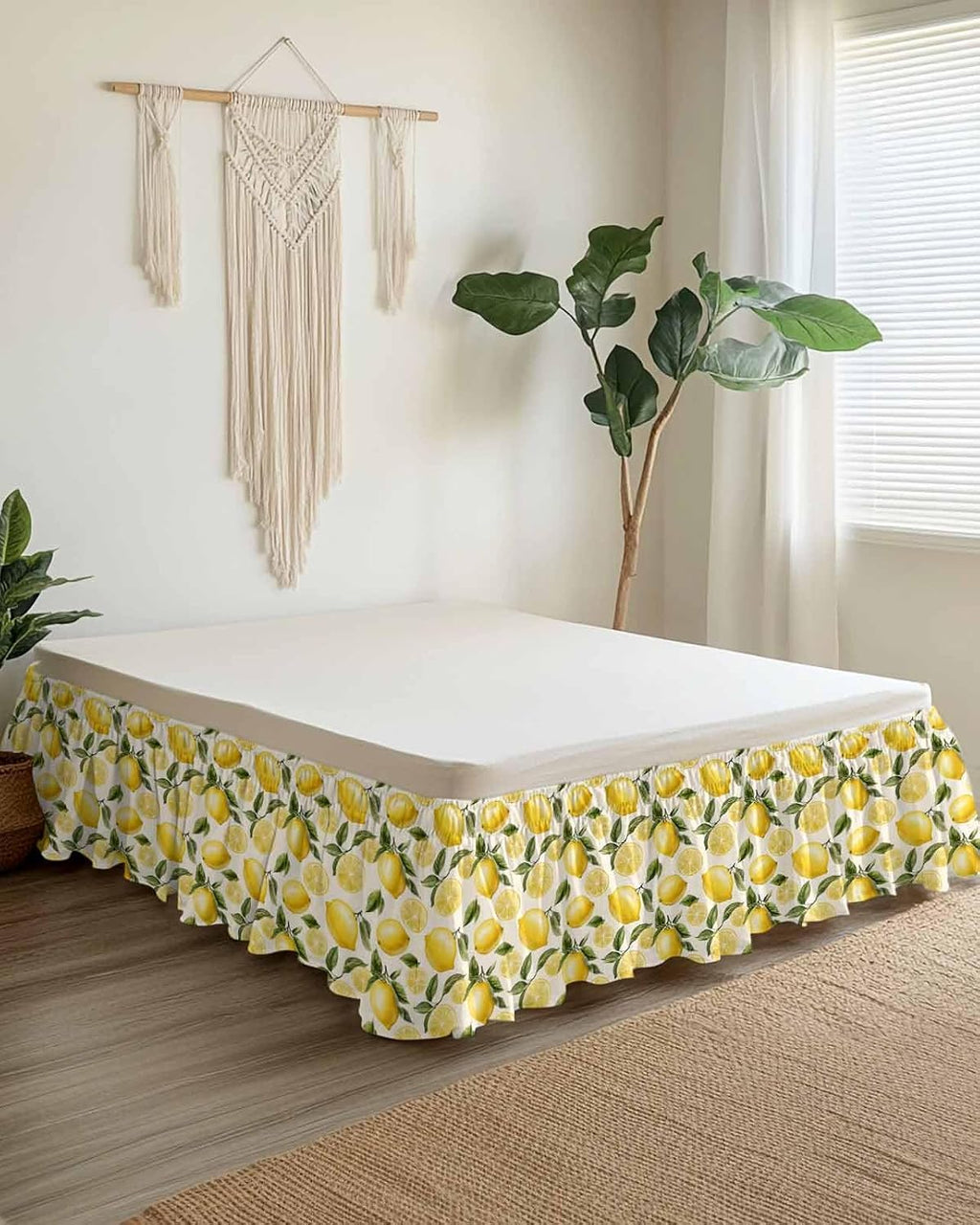 Bed Skirt Yellow Green Lemon Ruffle Bed Skirt Wrap Around Bed Skirts for Queen Beds 16" Drop,Adjustable Elastic Dust Ruffles Easy Fit and Wrinkle-Free