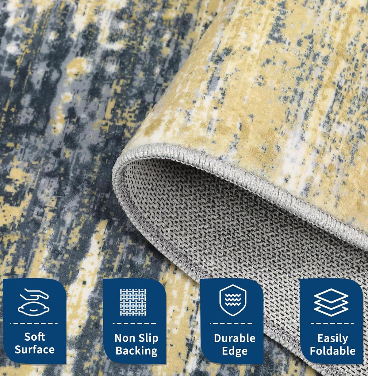 Boho Abstract Modern Rug 2x3 Washable Wool Yellow Grey Area Rugs for Bedroom Dining Room Living Room Home Office Non Slip Artistic Playroom Statement Large Carpet Soft Thick Indoor Mat