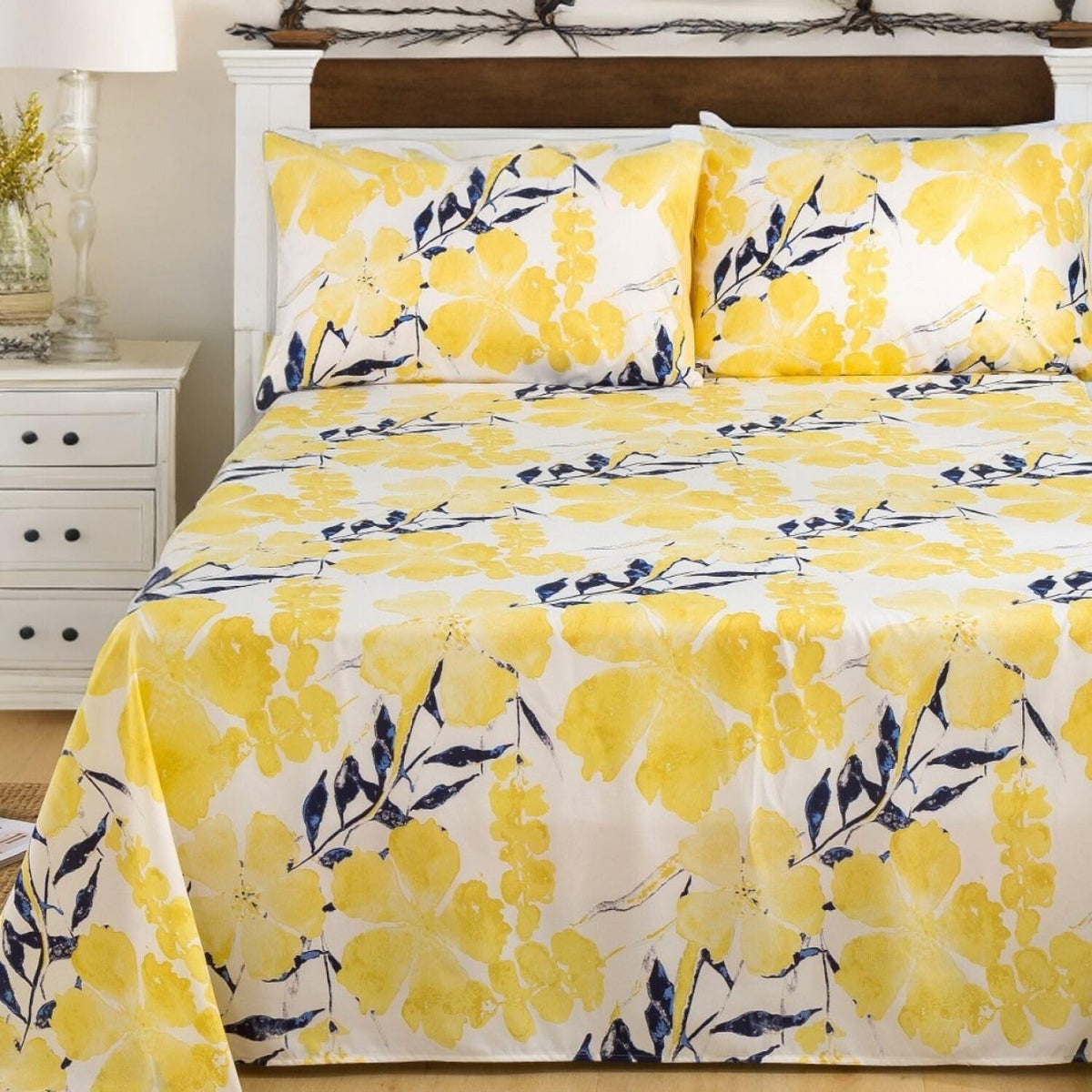Tache Contemporary Watercolor Nature Spring Print Leaves Floral Bright Light Yellow Ivory Black Navy Blue Soft Microfiber Top Flat Sheet, King