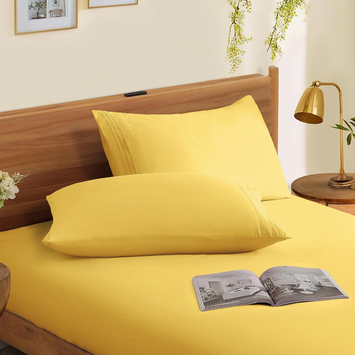 2 Pack Microfiber Pillowcases Standard Size Yellow Bed Pillow Cases with Envelope Closure, 1800 Thread Count Soft & Shrinkage Resistant Pillow Covers, 20 x 26 Inches