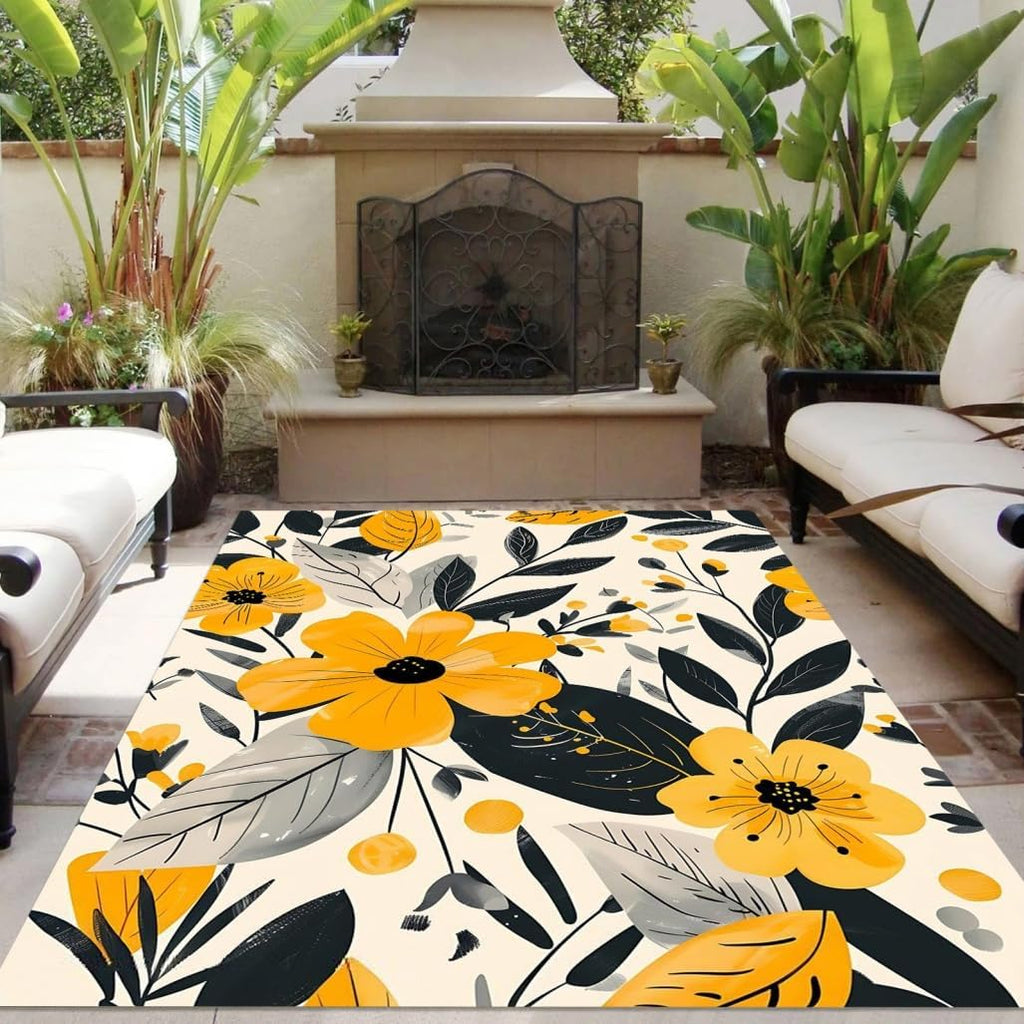 Waterproof Floral Outdoor Area Rug 5x8 Black Yellow Beige Country Rustic Flower Pattern Outdoor Rug for Patio Deck Balcony Backyard Machine Washable No Slip Kitchen Porch Outside Carpet Floor Mat