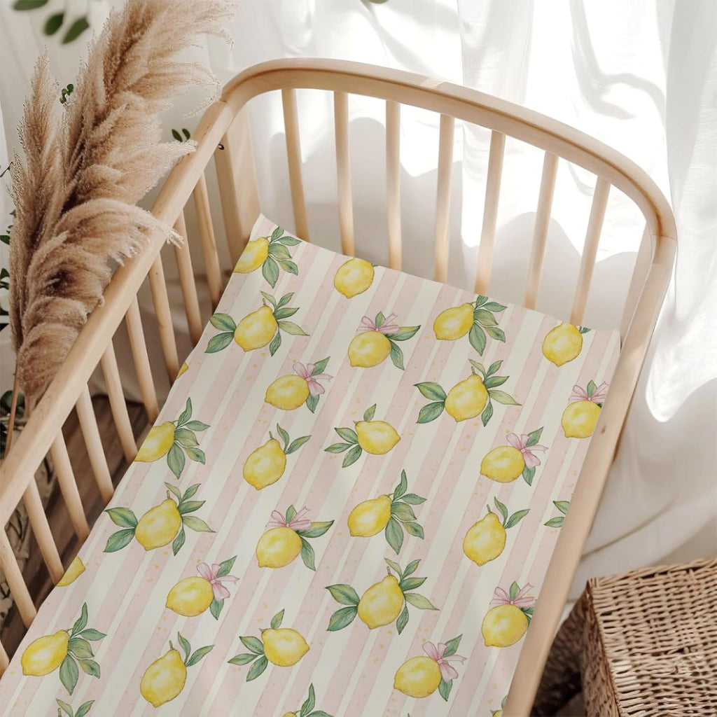 Cute Lemon Bows Pink Stripe Fitted Baby Crib Sheet for Boys Girls 52x28x9 in Yellow Lemons Leaves Baby Sheet for Standard Crib and Toddler Mattress Summer Fruit Bed Sheet