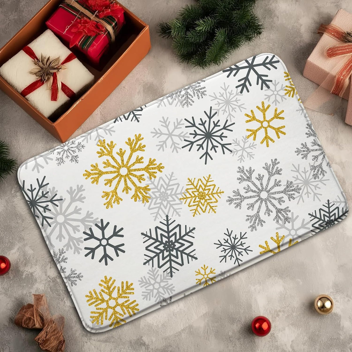 Yellow Snowflake Bath Mat Grey Christmas Modern Winter Holiday Happy New Year Bathroom Bathtub Floor Area Rugs Doormat Toilet Decor(16x24 in)