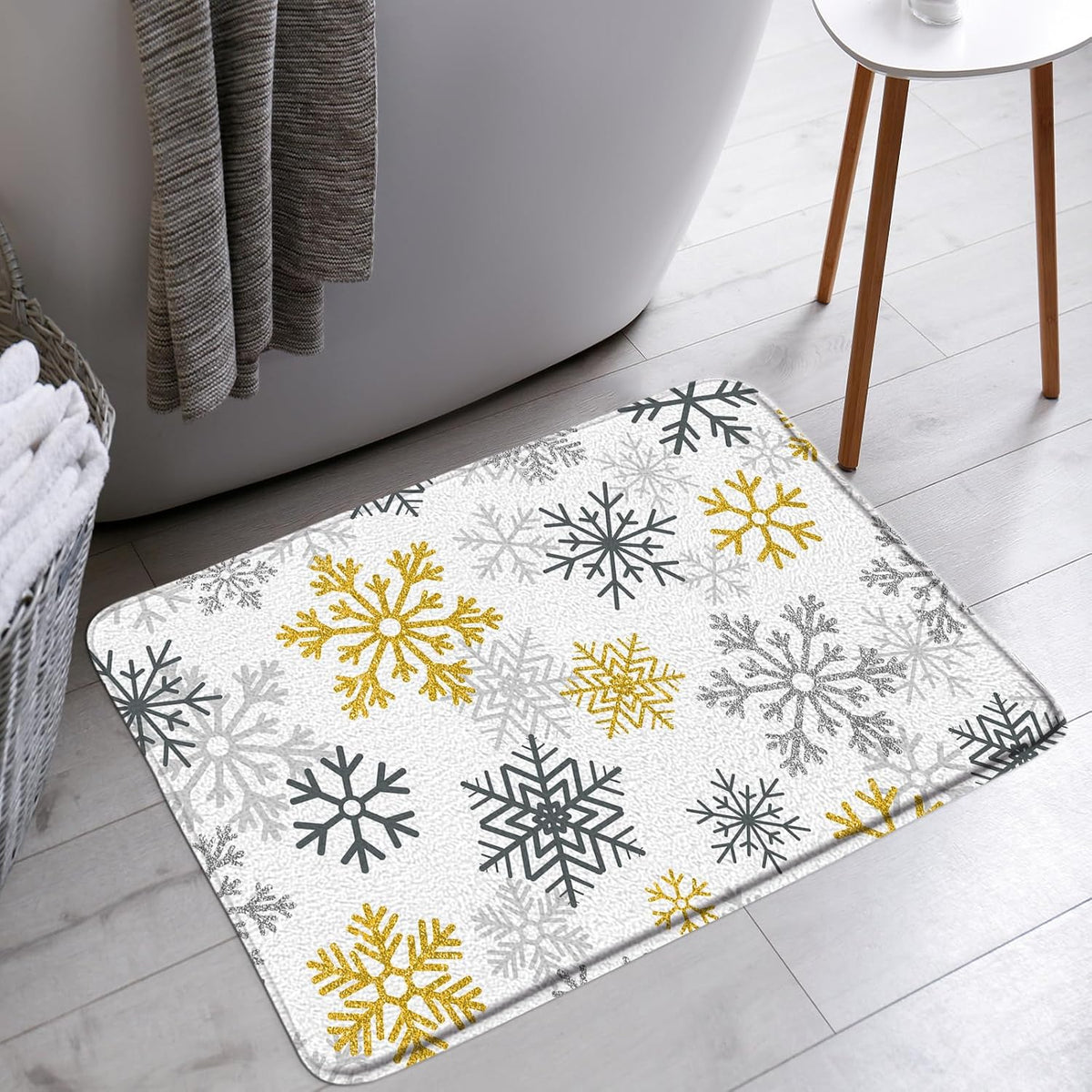 Yellow Snowflake Bath Mat Grey Christmas Modern Winter Holiday Happy New Year Bathroom Bathtub Floor Area Rugs Doormat Toilet Decor(16x24 in)