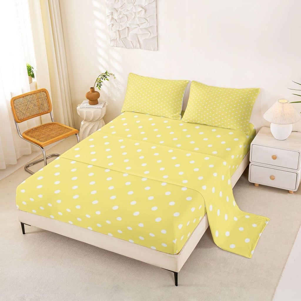 Lemon Yellow Polka Dot Bed Sheets Set Twin Size Cute Polka Dot Bed Set for Kids Boys Girls Simple Fashion Sheet Set Kawaii Style,1 Fitted Sheet+1 Pillow Sham+1 Flat Sheet