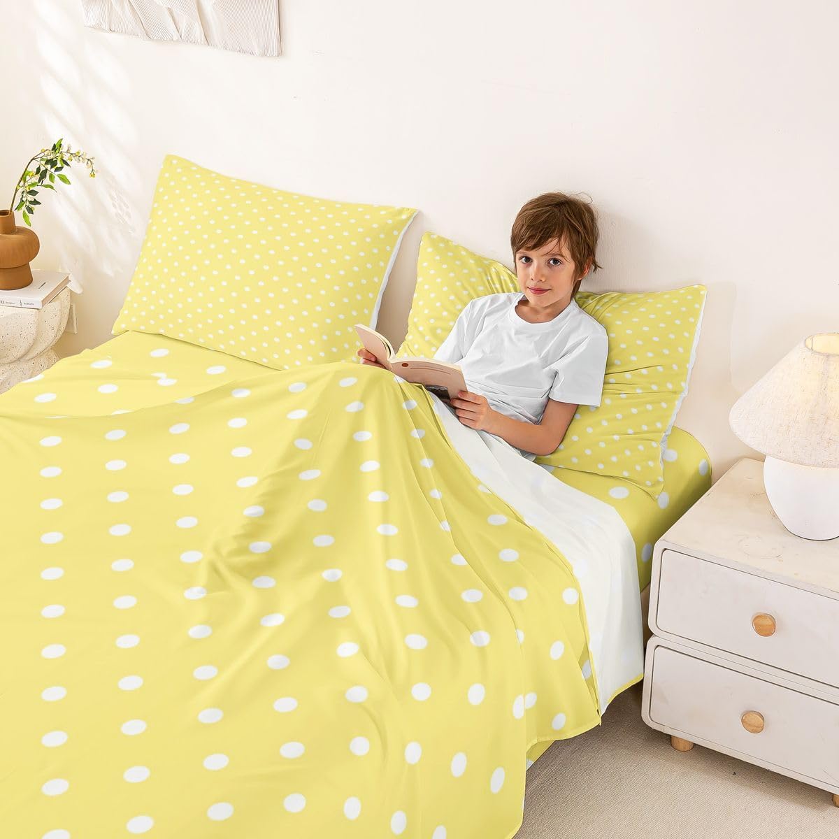 Lemon Yellow Polka Dot Bed Sheets Set Twin Size Cute Polka Dot Bed Set for Kids Boys Girls Simple Fashion Sheet Set Kawaii Style,1 Fitted Sheet+1 Pillow Sham+1 Flat Sheet