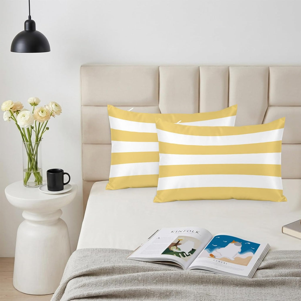 Lemon Yellow Striped Pillow Cases Standard Size Set of 2, Modern Yellow Stripes Farmhouse Satin Pillowcase with Zipper for Hair/Skin, Decorative Pillow Covers for Bed/Couch/Sofa, 20x26 Inches