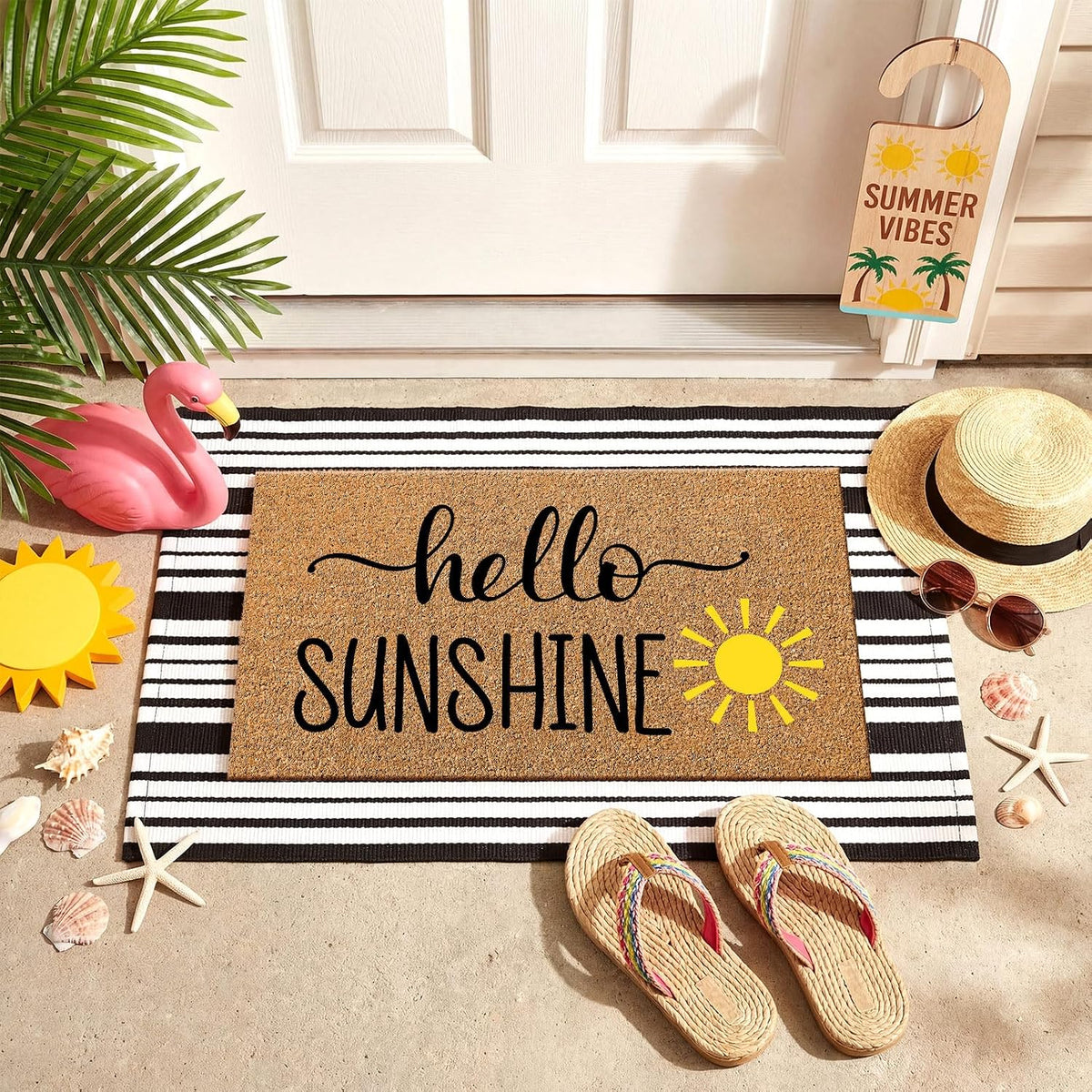2 Pcs Summer Coir Doormat Outdoor, Hello Sunshine Mats, Non Slip