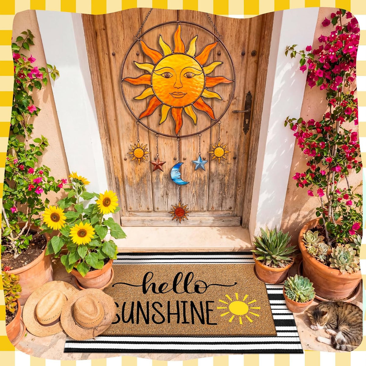 2 Pcs Summer Coir Doormat Outdoor, Hello Sunshine Mats, Non Slip