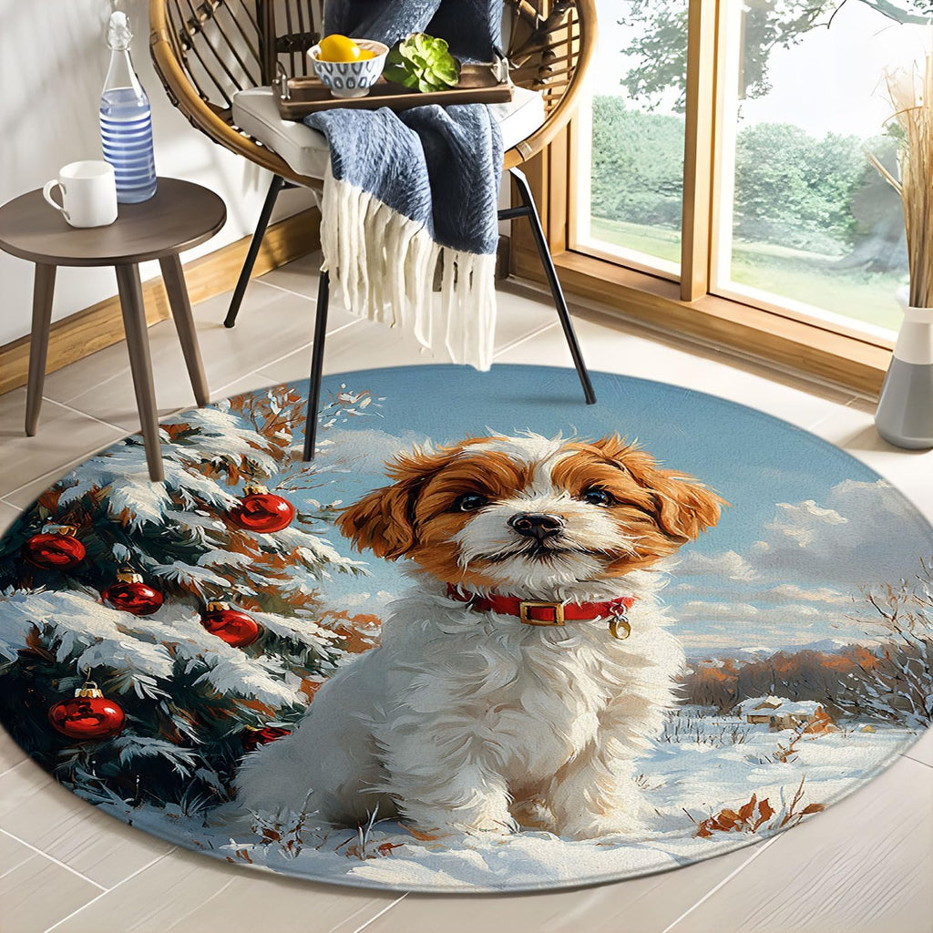 Winter Dog Round Rug 2ft-Cute Dog Xmas Pine Tree Ball Snowy Forest Yellow Leaves Snowflake Pet Snow Holiday Bathroom Rug Microfiber Memory Foam Area Rugs for Living Room Kitchen Bath Floor Rugs