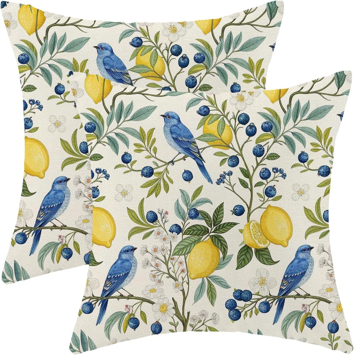 Blue Green Chinoiserie Pillow Covers 18x18 Set of 2 Chinoiserie Blue Bird Yellow Lemon Throw Pillows Outdoor Decorative Vintage Bird Floral Pillowcase Linen Cushion Cases for Bed Sofa Couch