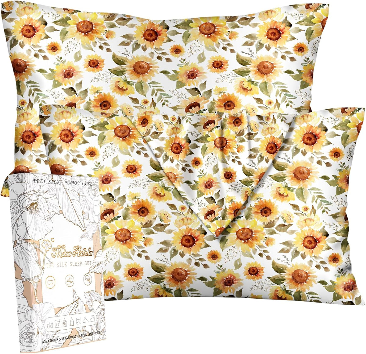 2 Pack Mulberry Silk Pillowcase for Hair and Skin - Standard Size 20 x 26 Inches with Hidden Zipper Sunflower 19 Momme Soft Sleeping Silk Pillow Case for Women, Moms
