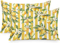 Lemon Leaves Pillow Cases Standard Size Set of 2, Yellow Vertical Stripes Spring Flowers Satin Pillowcase with Zipper for Hair/Skin, Decorative Pillow Covers for Bed/Couch/Sofa, 20x26 Inches