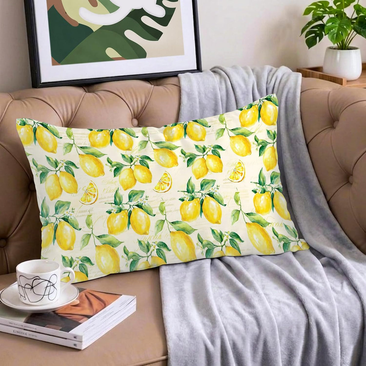 Yellow Lemon King Pillow Cases, Watercolor Fruit Leaves Satin Pillow Case Cover with Smooth Hidden Zipper Closure, Soft Throw Pillow Covers Cases for Home Decoration 20 X 40 Inches