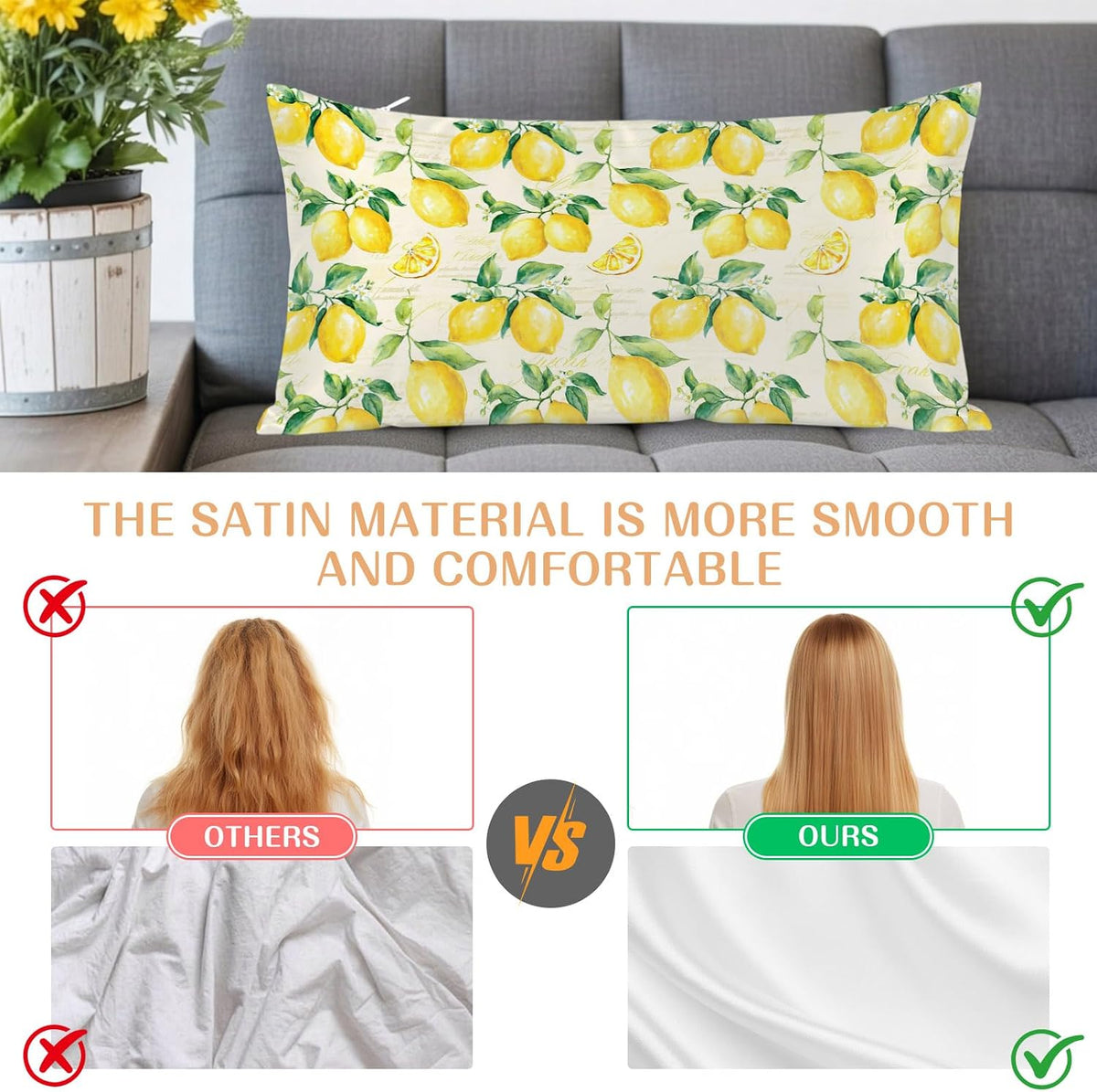 Yellow Lemon King Pillow Cases, Watercolor Fruit Leaves Satin Pillow Case Cover with Smooth Hidden Zipper Closure, Soft Throw Pillow Covers Cases for Home Decoration 20 X 40 Inches