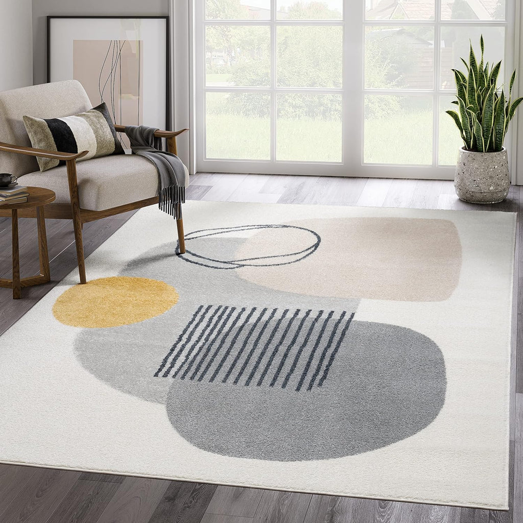 Rugs Cream and Gray 4 ft. X 6 ft. Mid-Century Rug with Circles and Lines. Neutral Tones of Cream, Gray and a pop of Yellow. Minimalistic Design Turkish Stain Resistant Area Rug.