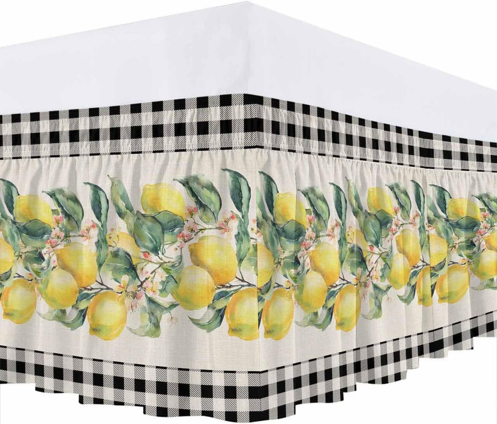 Yellow Lemons Wrap Around Bed Skirt Queen Size, Dust Ruffled 16 Inch Tailored Drop with Adjustable Elastic Belt Pleated, Summer Botanical Black White Plaid Rustic Luxury Bedding Skirts for Bedroom