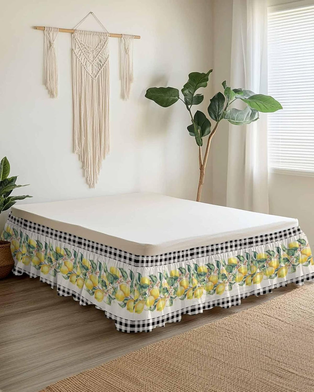 Yellow Lemons Wrap Around Bed Skirt Queen Size, Dust Ruffled 16 Inch Tailored Drop with Adjustable Elastic Belt Pleated, Summer Botanical Black White Plaid Rustic Luxury Bedding Skirts for Bedroom